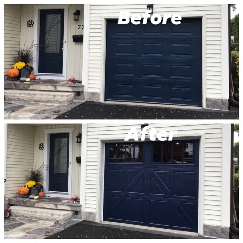 Before and after: a navy blue raised-panel single garage door, replaced with a navy blue carriage-style door with crossbuck overlays and a row of windows, beside the front door of a house with white siding.